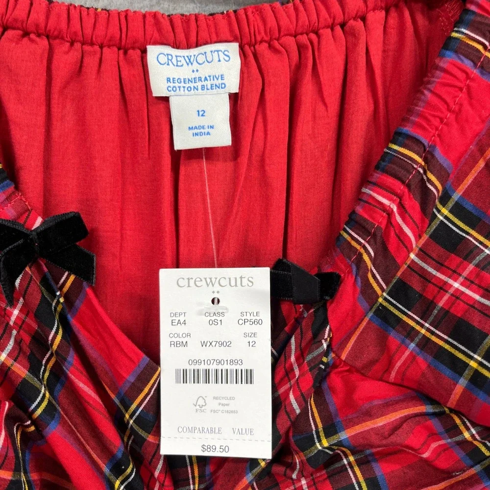Crewcuts Plaid Dress Girl 12 Red Tartan Ruched Velvet Bow Holiday Festive Preppy